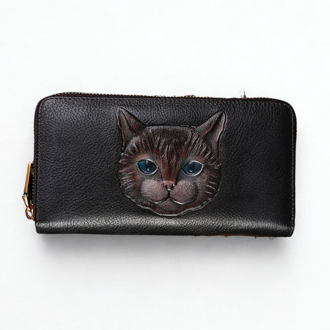 NEW! Portafoglio Donna in Vera Pelle con gatto inciso