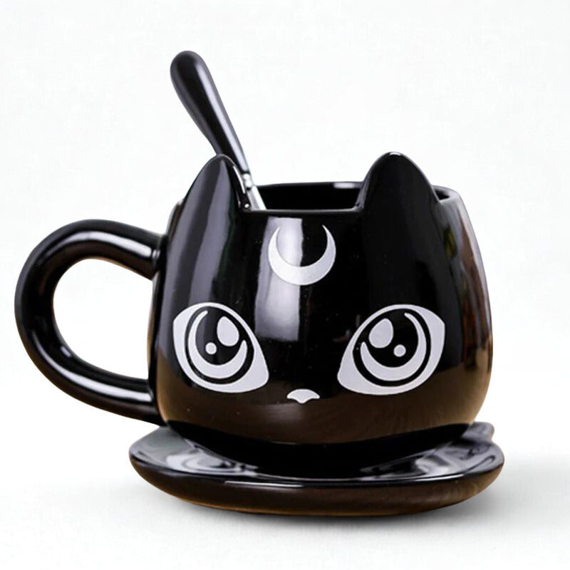 Art 3 - Tazza in Ceramica a Forma di Gatto con piattino e cucchiaino