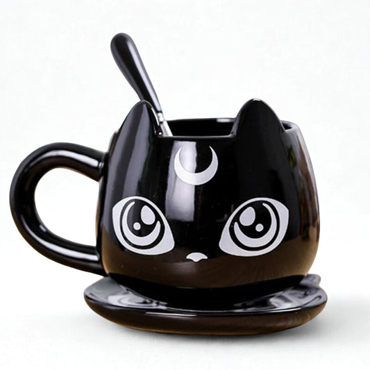Art 3 - Tazza in Ceramica a Forma di Gatto con piattino e cucchiaino