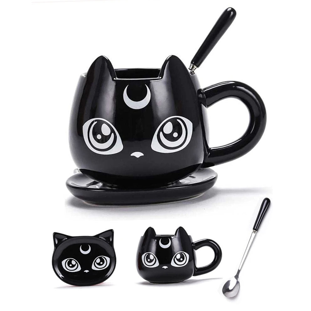 Art 3 - Tazza in Ceramica a Forma di Gatto con piattino e cucchiaino
