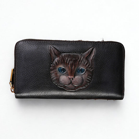 NEW! Portafoglio Donna in Vera Pelle con gatto inciso
