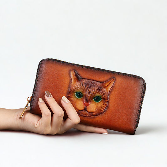 NEW! Portafoglio Donna in Vera Pelle con gatto inciso